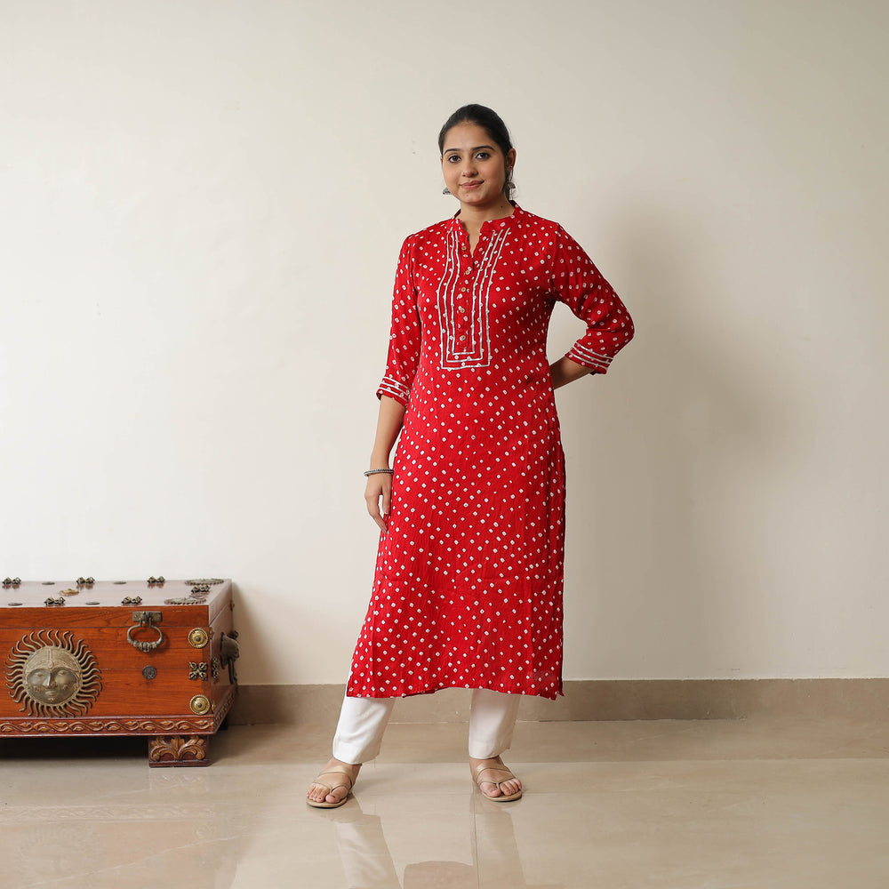 Red - Tie & dye Modal Silk Straight Bandhani Kurta 01