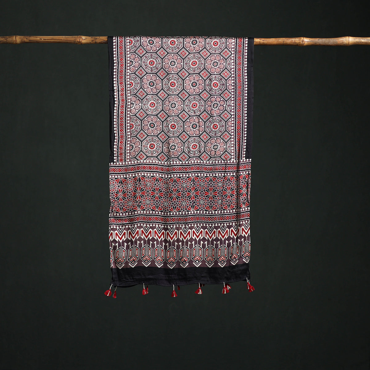 Modal Silk Ajrakh Hand Block Print Natural Dyed Stole 19