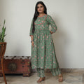 Green - Sanganeri Block Printed Cotton Kali Kurta with Palazzo Set 03