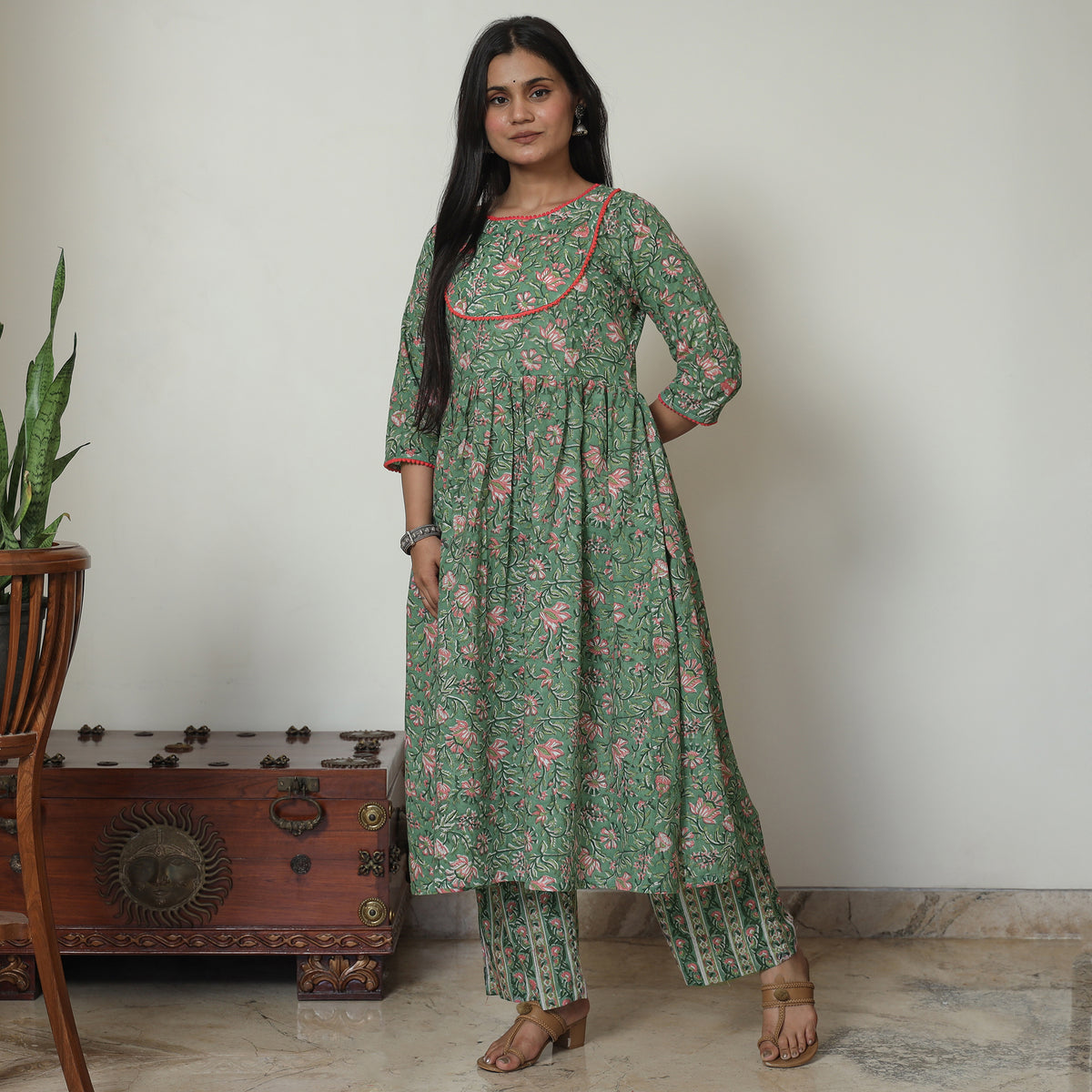 Green - Sanganeri Block Printed Cotton Kali Kurta with Palazzo Set 03