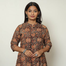 Black Block Print Cotton A-Line Kalamkari Kurta for Women