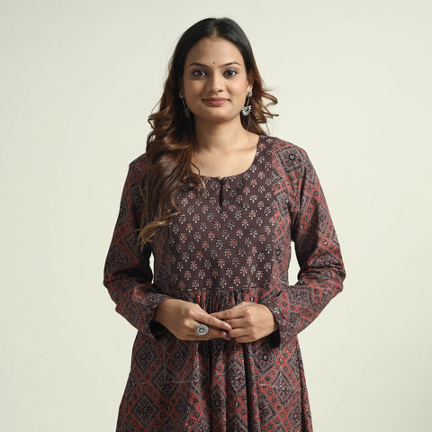 Brown - Ajrakh Block Printed Cotton Flared Kurta with Palazzo Set