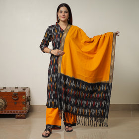 Black - Pochampally Ikat Weave Cotton Kurta with Palazzo & Dupatta Set 09