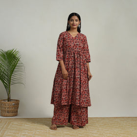 Buy Red Flared Cotton Block Print Kalamkari Kurta Set