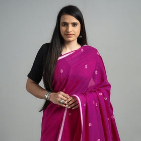 Purple - Handloom Cotton Phulia Jamdani Saree with Tassels
