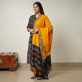 Black - Pochampally Ikat Weave Cotton Kurta with Palazzo & Dupatta Set 09
