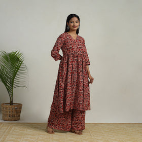 Buy Red Flared Cotton Block Print Kalamkari Kurta Set