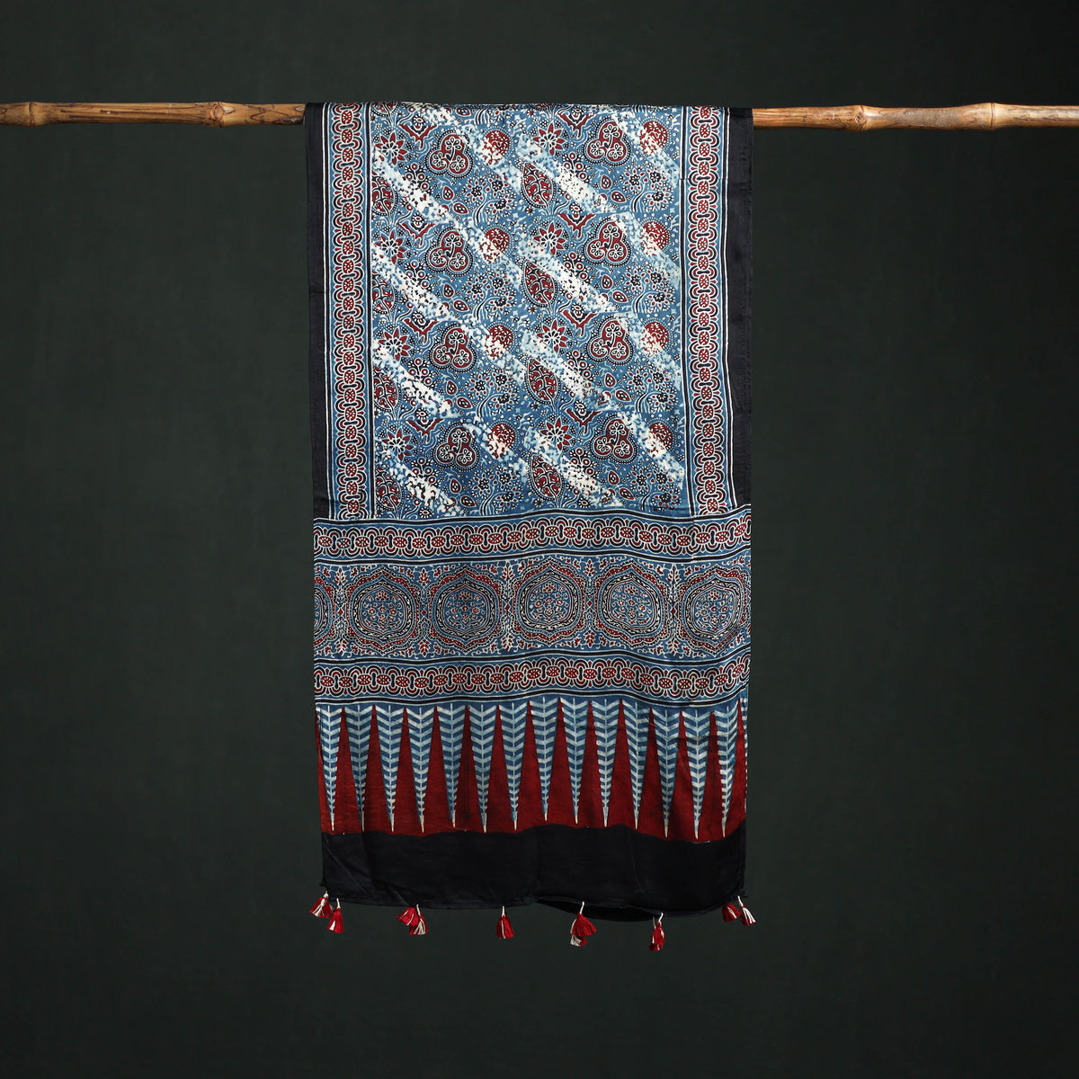 Modal Silk Ajrakh Hand Block Print Natural Dyed Stole 16