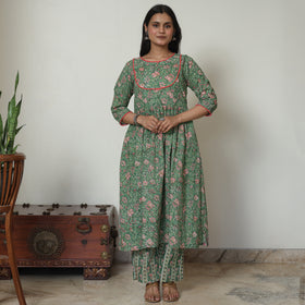 Green - Sanganeri Block Printed Cotton Kali Kurta with Palazzo Set 03