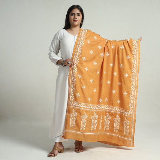 Orange - Bengal Kantha Embroidery Cotton Handloom Dupatta 113