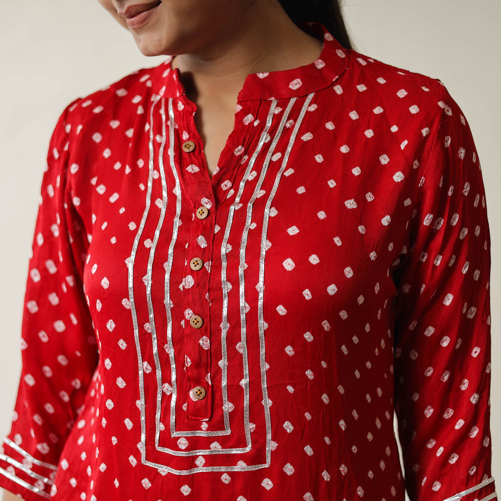 Red - Tie & dye Modal Silk Straight Bandhani Kurta 01