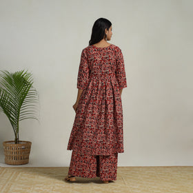 Buy Red Flared Cotton Block Print Kalamkari Kurta Set