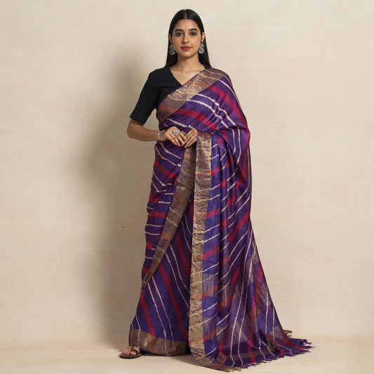 Purple - Multicolour Leheriya Tie-Dye Tussar Silk Handloom Saree