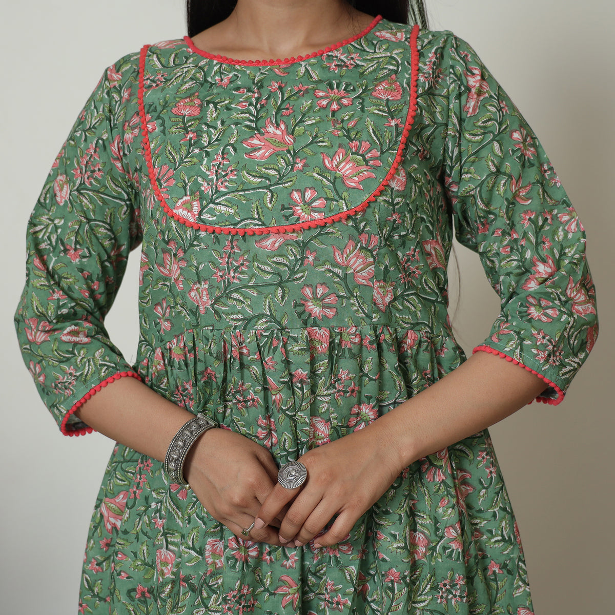 Green - Sanganeri Block Printed Cotton Kali Kurta with Palazzo Set 03