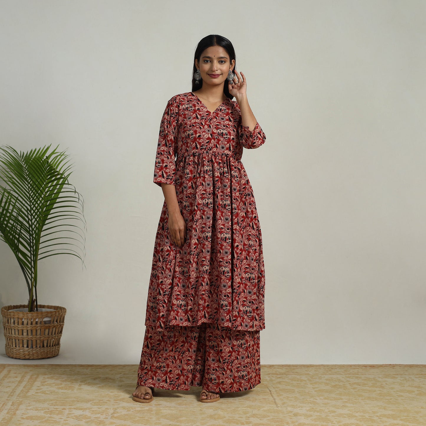 Red - Flared Cotton Block Print Kalamkari Kurta Set 17