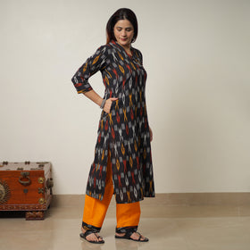 Black - Pochampally Ikat Weave Cotton Kurta with Palazzo & Dupatta Set 09
