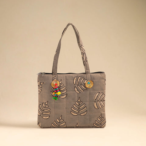 Grey Handcrafted Quilted Cotton Handbag