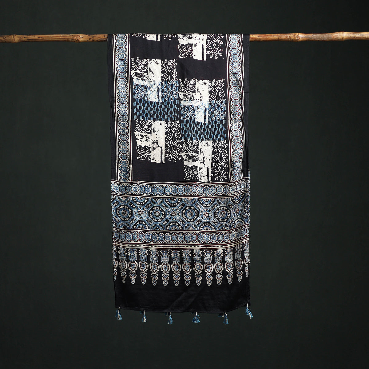 Modal Silk Ajrakh Hand Block Print Natural Dyed Stole 14