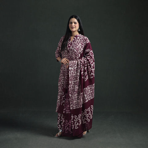 Purple - Hand Batik Print Cotton Suit Set with Dupatta for Women 09