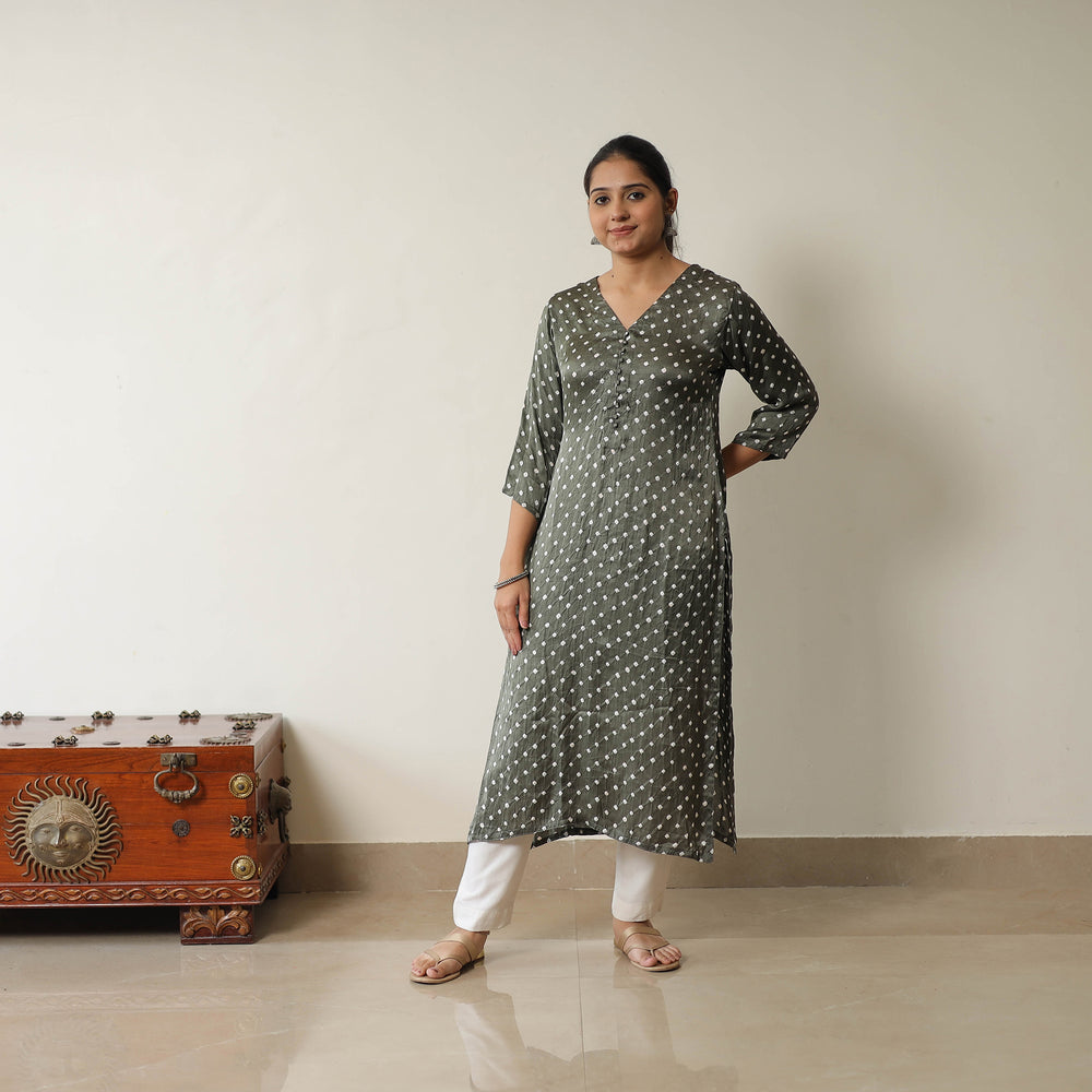 Grey - Tie & dye Modal Silk Straight Bandhani Kurta 06