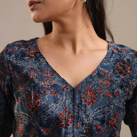 Blue - Velvet Natural Dyed Ajrakh Print Blouse 04
