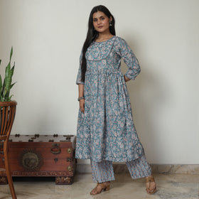 Blue - Sanganeri Block Printed Cotton Kali Kurta with Palazzo Set 01
