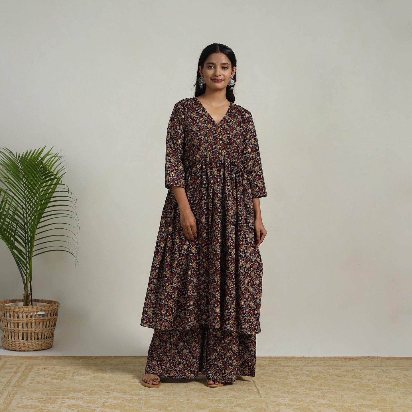 Black - Flared Cotton Block Print Kalamkari Kurta Set 24