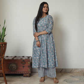 Blue - Sanganeri Block Printed Cotton Kali Kurta with Palazzo Set 01