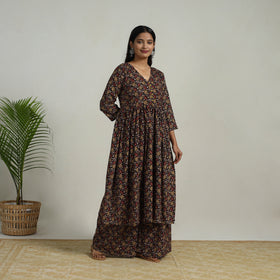  Black Flared Cotton Block Print Kalamkari Kurta Set