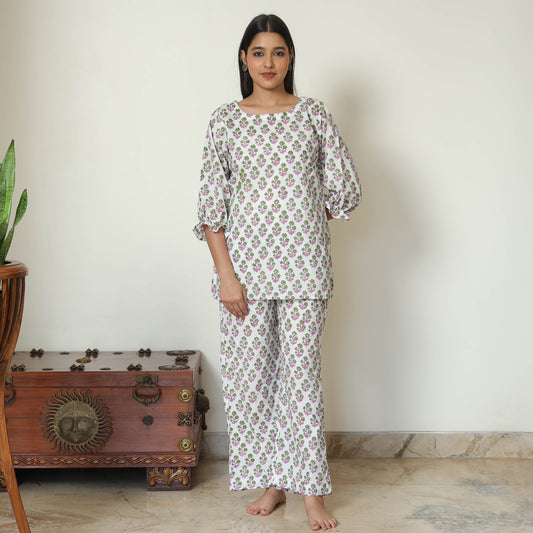 White - Sanganeri Block Printed Cotton Night Suit Set 13