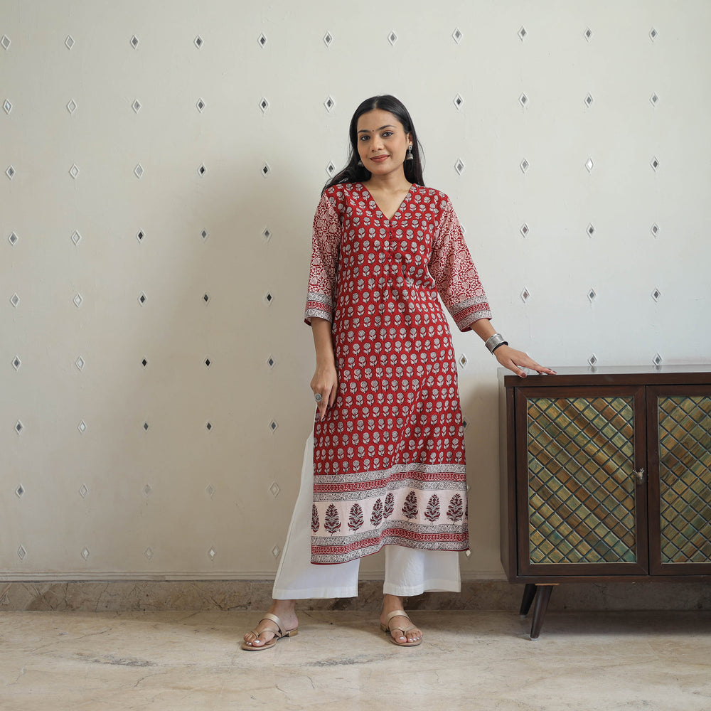 Red - Block Print Cotton Straight Bagh Kurta 11