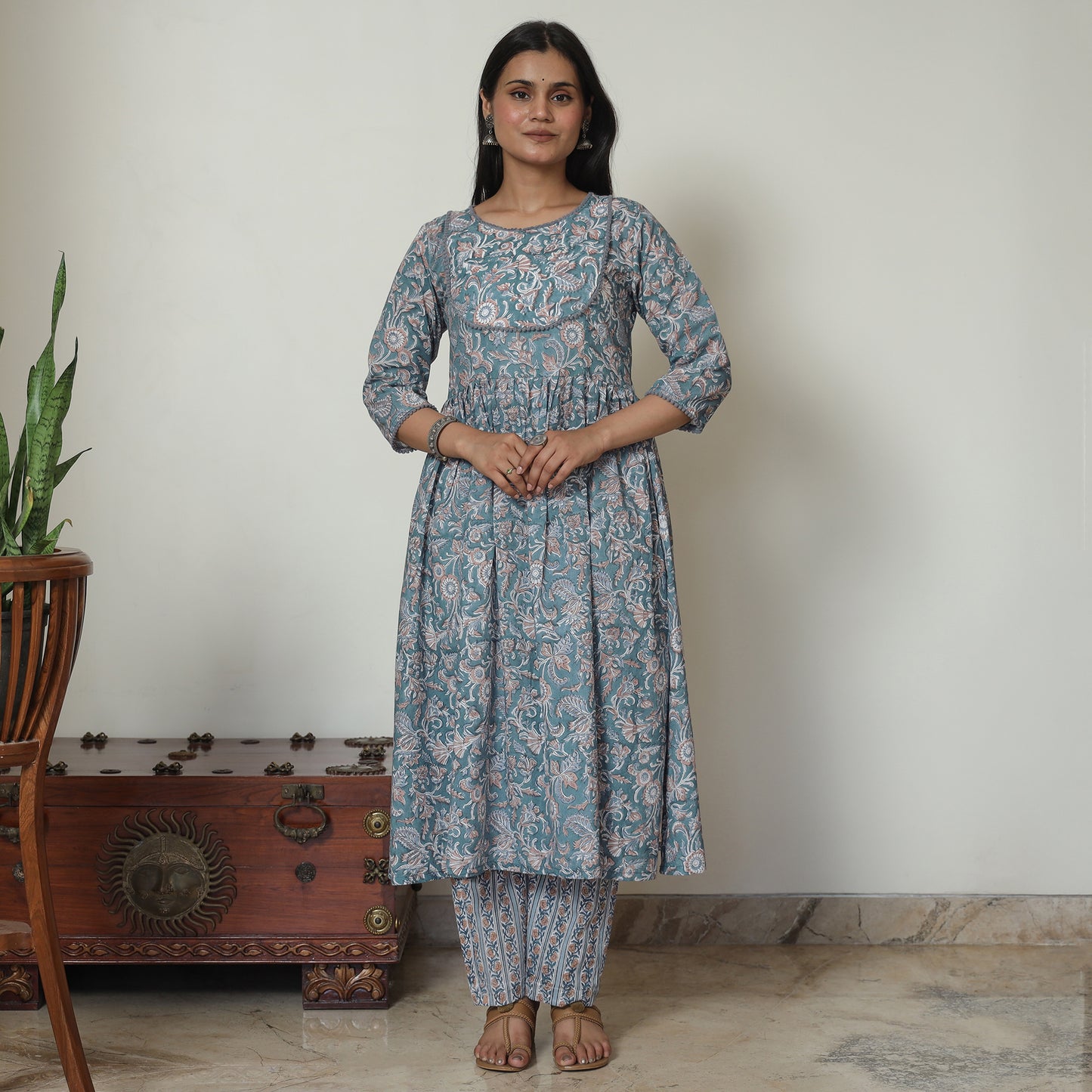 Blue - Sanganeri Block Printed Cotton Kali Kurta with Palazzo Set 01