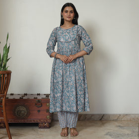 Blue - Sanganeri Block Printed Cotton Kali Kurta with Palazzo Set 01
