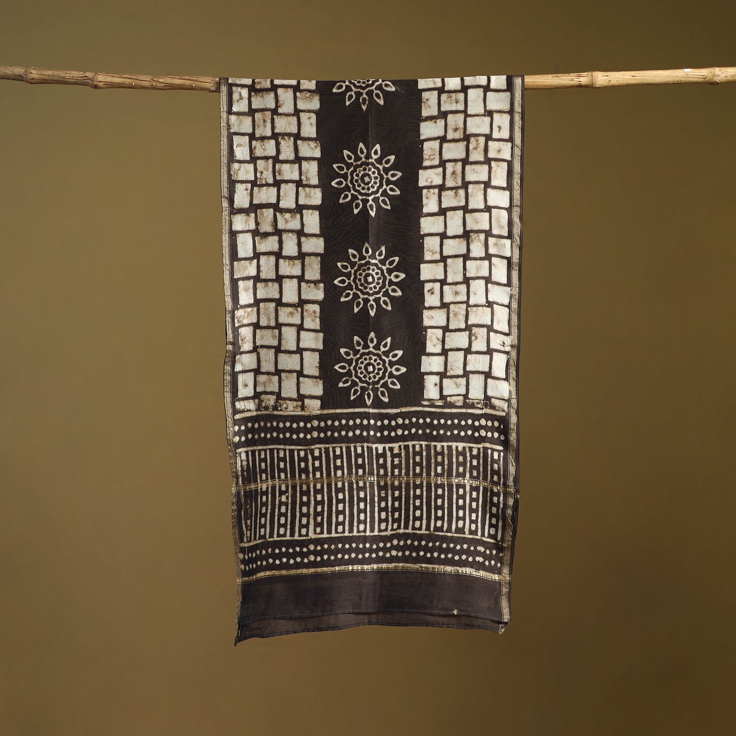 Brown - Pipad Hand Block Print Natural Dyed Chanderi Silk Handloom Stole 58