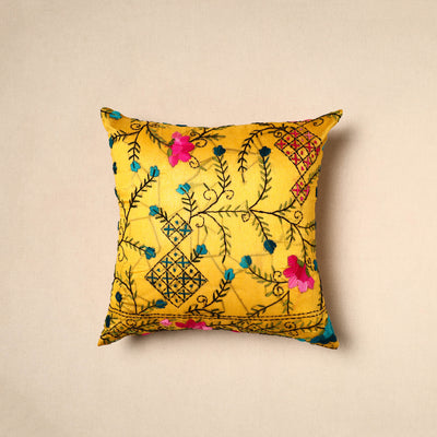 Yellow - Chinon Phulkari Embroidered Cushion Cover (16 x 16 in) 01