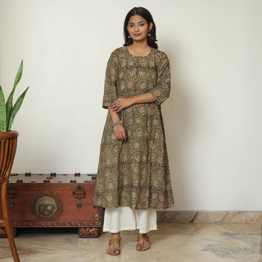 Olive Green - Kalamkari Hand Block Printed Cotton A-Line Kurta 27