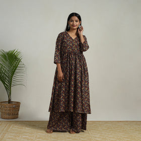  Black Flared Cotton Block Print Kalamkari Kurta Set