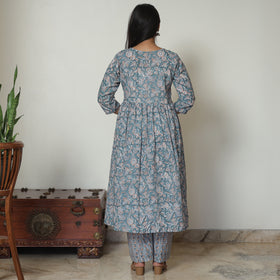 Blue - Sanganeri Block Printed Cotton Kali Kurta with Palazzo Set 01