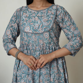 Blue - Sanganeri Block Printed Cotton Kali Kurta with Palazzo Set 01