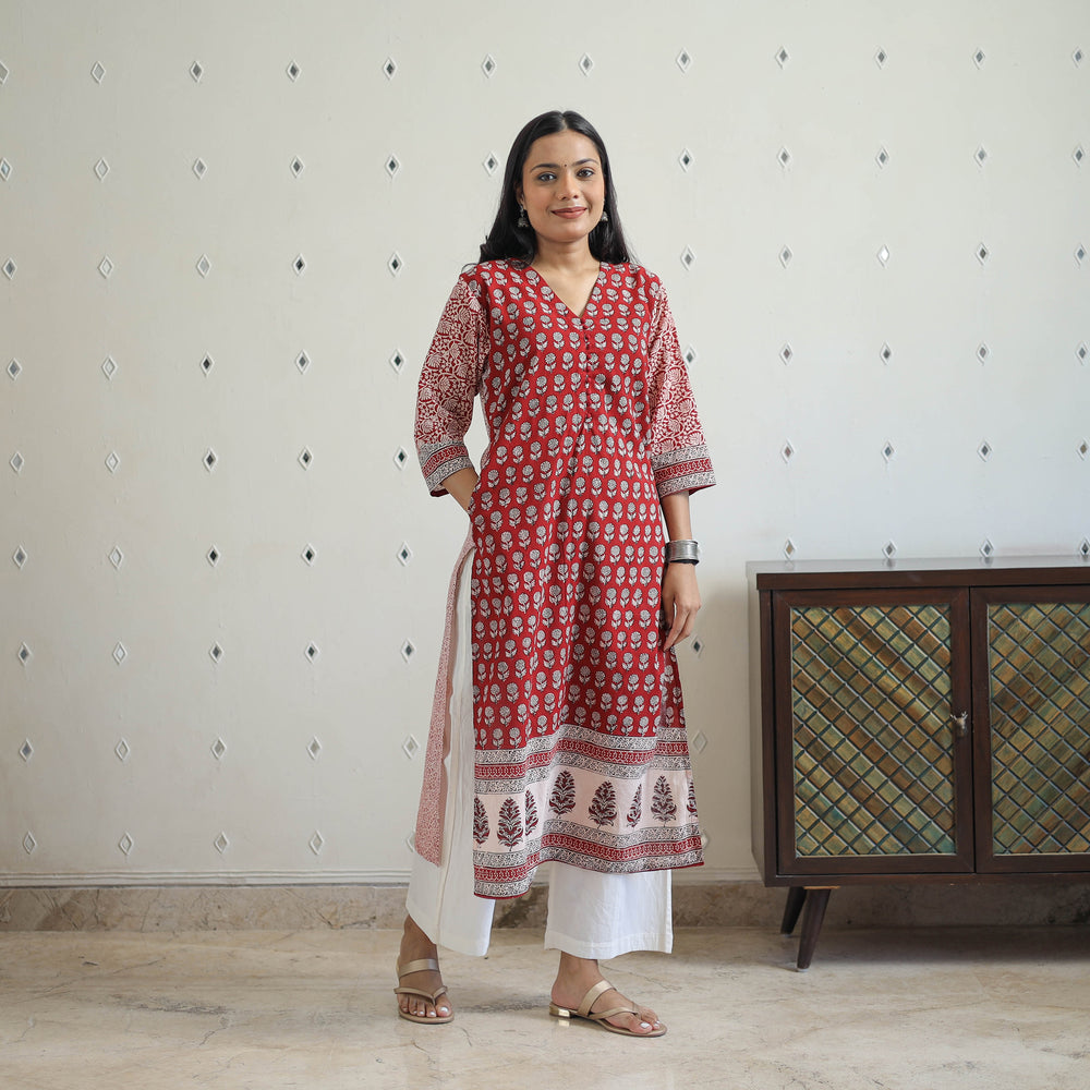 Red - Block Print Cotton Straight Bagh Kurta 11