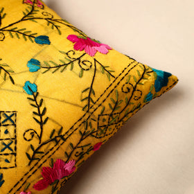 Buy Yellow Chinon Phulkari Embroidered Cushion Cover