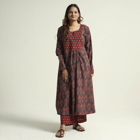 Brown - Ajrakh Block Printed Cotton Flared Kurta with Palazzo Set