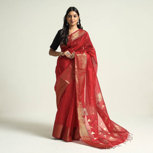 Red - Traditional Chanderi Silk Handloom Saree with Zari Border & Buti