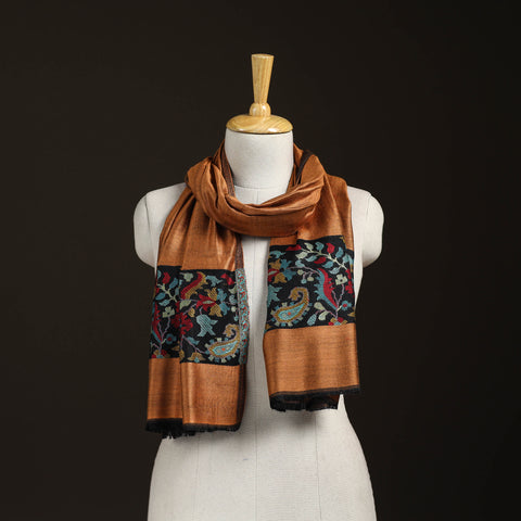 Brown - Plain Modal Silk Stole with Woven Border for Women 07