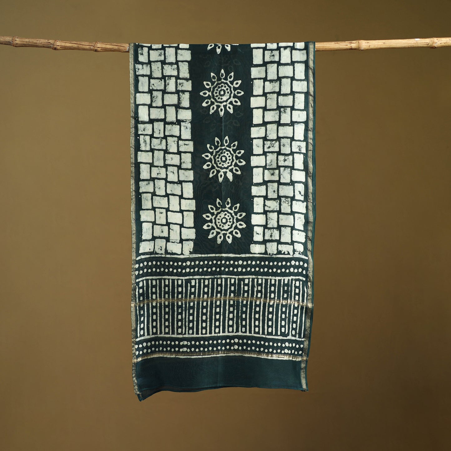 Green - Pipad Hand Block Print Natural Dyed Chanderi Silk Handloom Stole 61