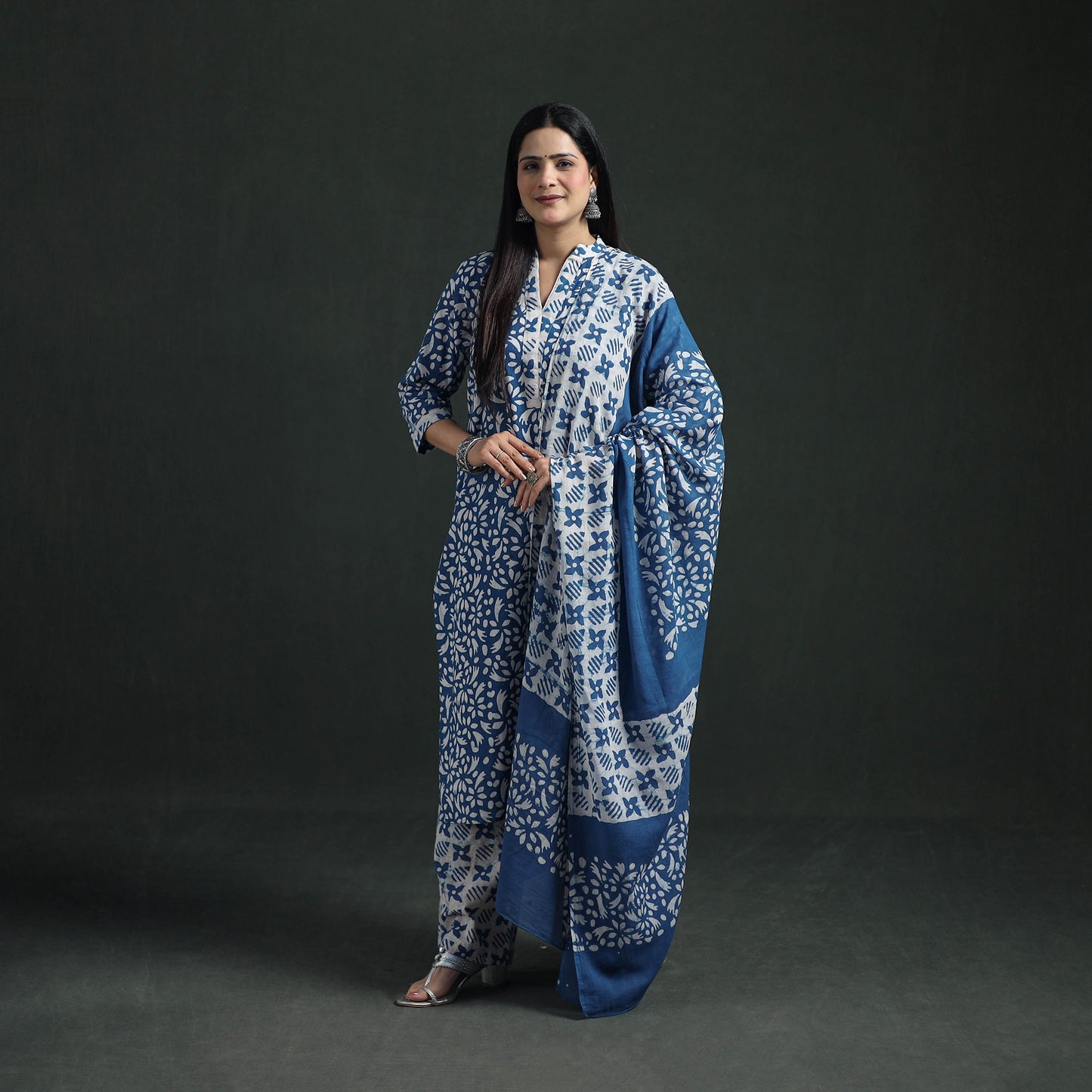 Hand Batik Print Cotton Suit Set with Dupatta for Women 10