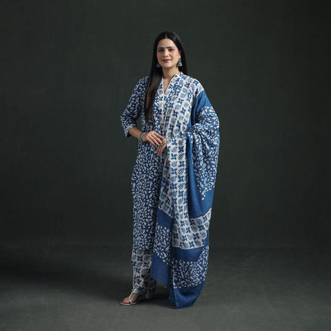Blue - Hand Batik Print Cotton Suit Set with Dupatta for Women 10