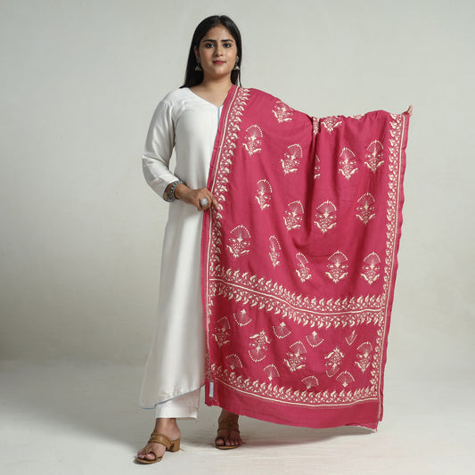 Pink - Bengal Kantha Embroidery Cotton Handloom Dupatta 116