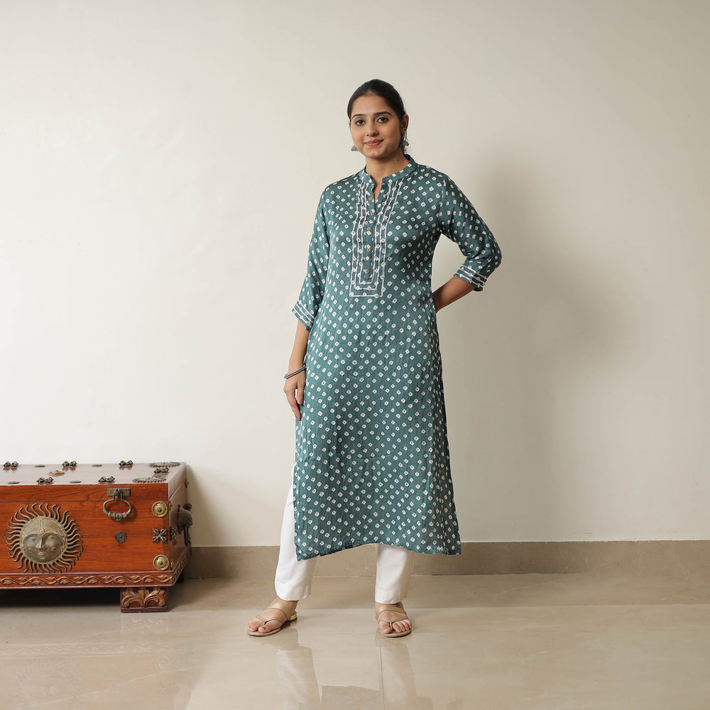 Green - Tie & dye Modal Silk Straight Bandhani Kurta 02