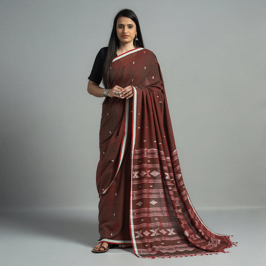 Brown - Phulia Jamdani Handloom Cotton Saree with Tassels